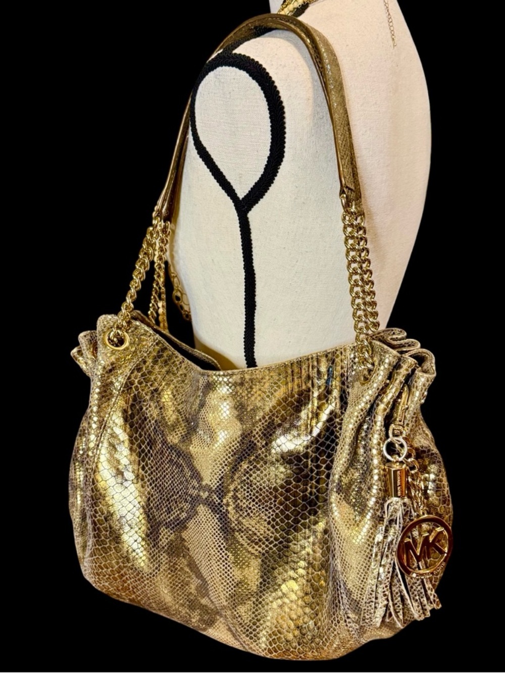 Michael Kors Metallic Gold Snakeskin Embossed Shoulder Bag, Charm & Dustbag